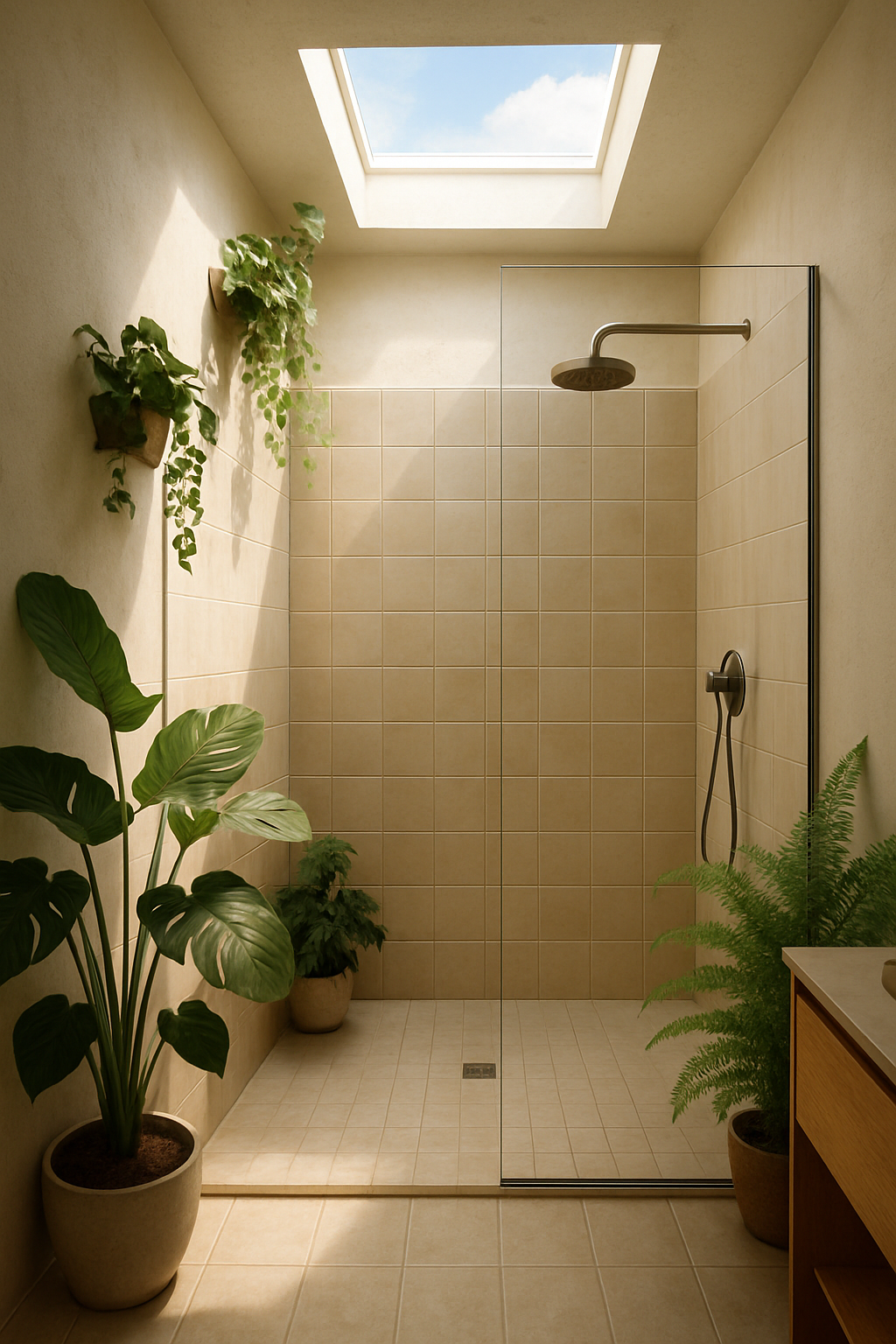 A walk-in shower with a skylight, featuring neutral tiles and plants.