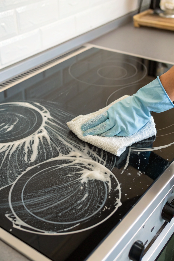 How To Clean a Flat Black Glass Stove Top Safely and Effectively 3 a glass stovetop being wiped with diluted vinegar