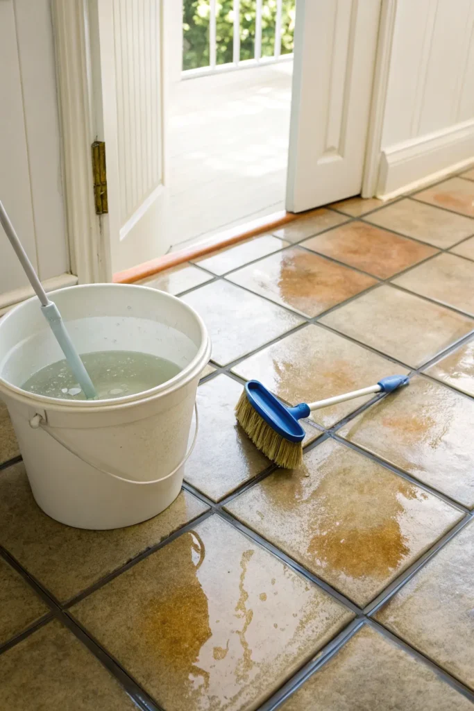 How to Clean Kitchen Tile Grout Without Harsh Chemicals 5 a bright well lit kitchen floor with heavily stai