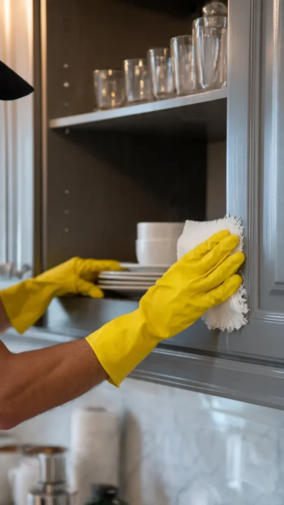 The Fastest Way to Degrease Kitchen Cabinets 3 a person cleaning kitchen cabinets 1