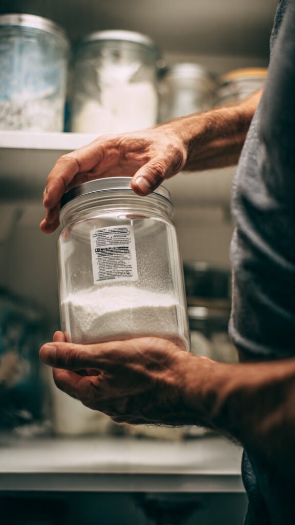 Homemade Laundry Detergent Recipe: Around $40 for a Year’s Worth 4 a person storing homemade detergent in an