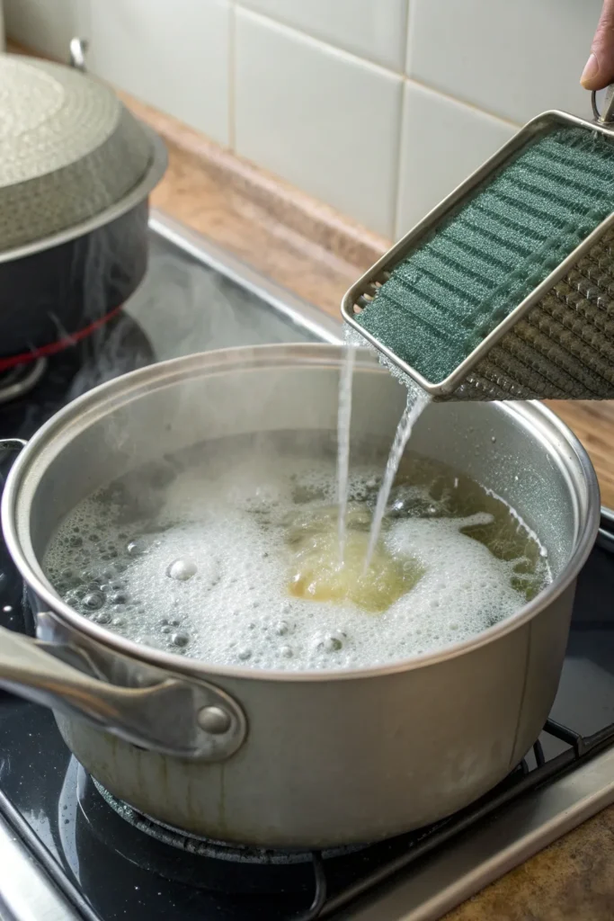 How to Clean Range Hood Filters Using Dish Soap 4 boil water add dish soap and add hood filter in it 1