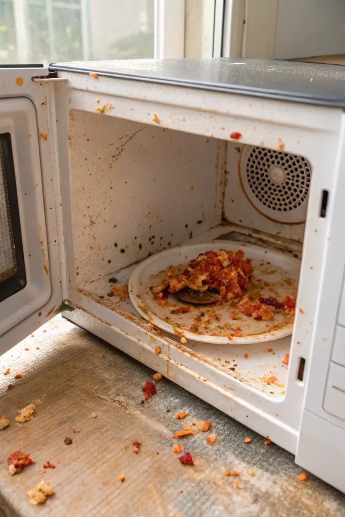 Deep Clean Your Microwave in 5 Minutes With Lemon 4 show a dirty food exploded microwave