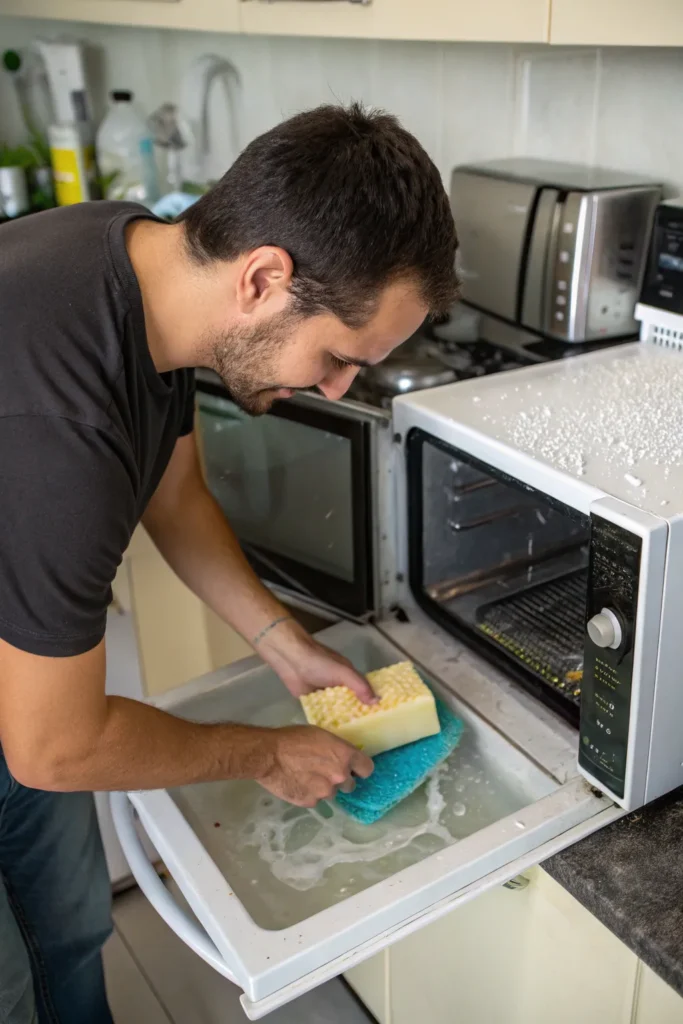 Deep Clean Your Microwave in 5 Minutes With Lemon 3 show a man cleaning micrwave by a dish washing soa