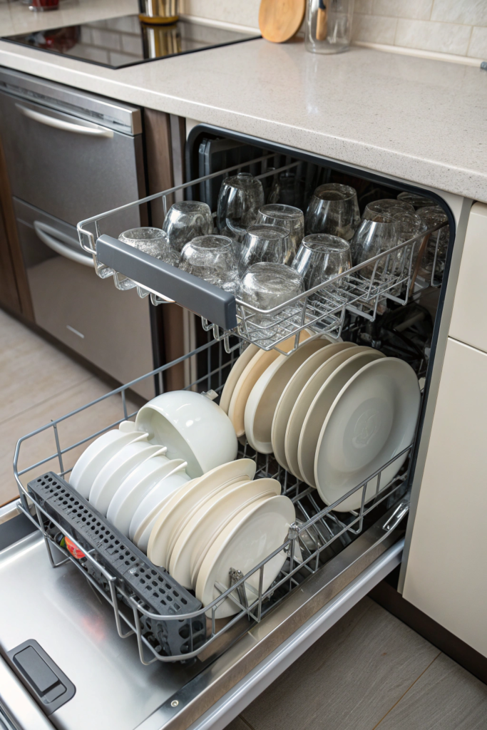 How to Make Your Dishwasher Last Longer 2 an open dishwasher loaded correctly with dishes sp