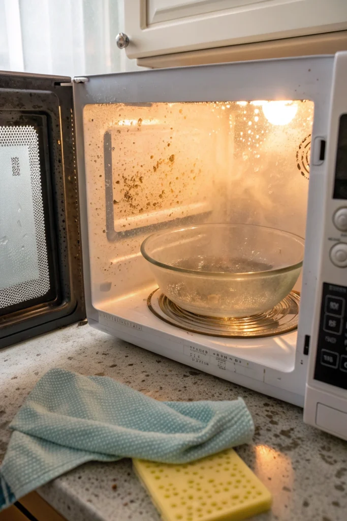 Deep Clean Your Microwave FAST Using Stuff You Own 4 an open microwave glowing from the inside its wal