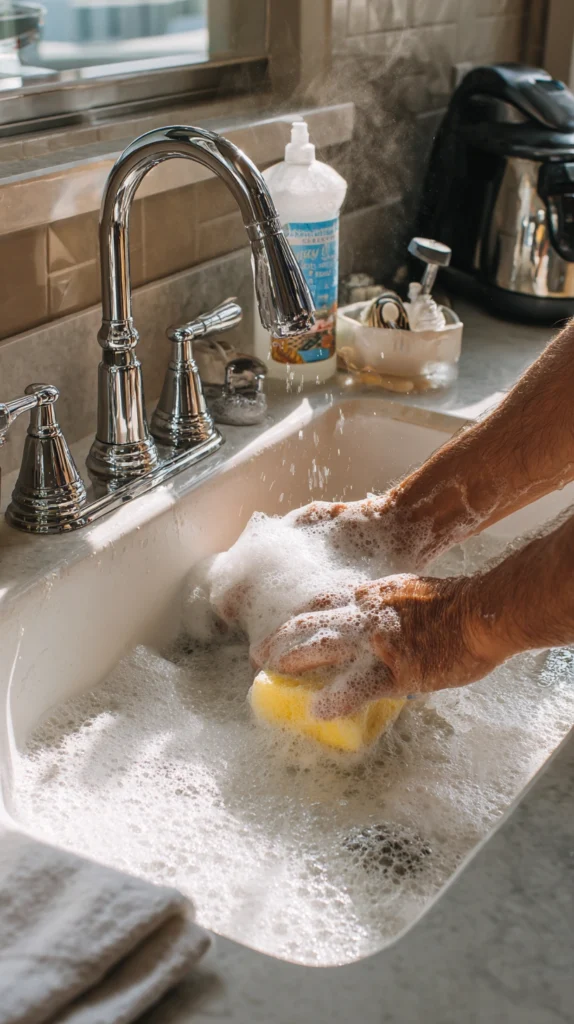Clean Your Bathroom Sink FAST in Under 10 Minutes 2 zainy A bathroom sink being scrubbed with a soapy sponge ligh e8e0f643 f7e3 4357 8622 fe4d8e263a87 0