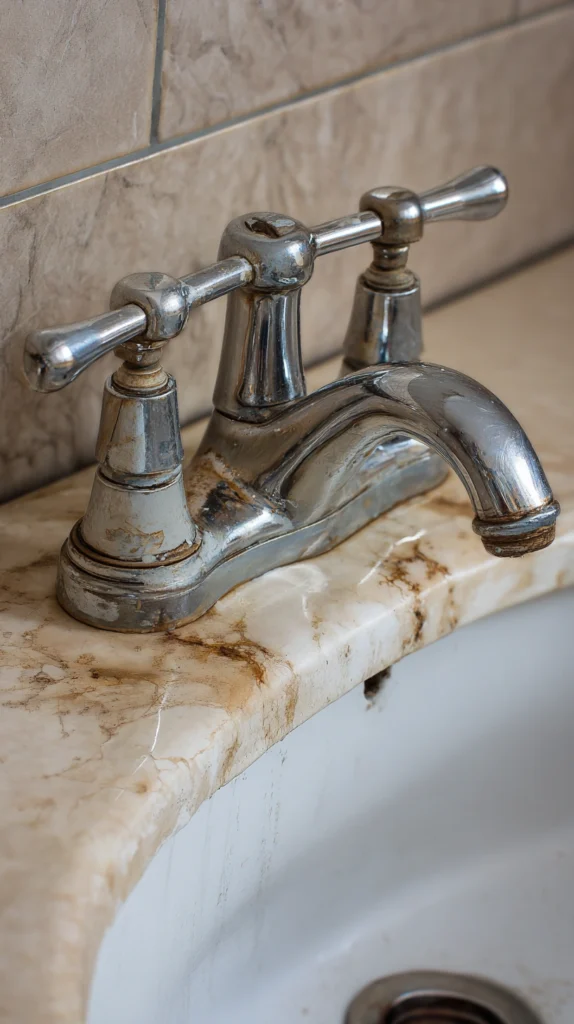 Clean Your Bathroom Sink FAST in Under 10 Minutes 5 zainy A close up of a bathroom sink faucet with visible white bc93c3b9 863f 49d1 8242 527316f09b95 2