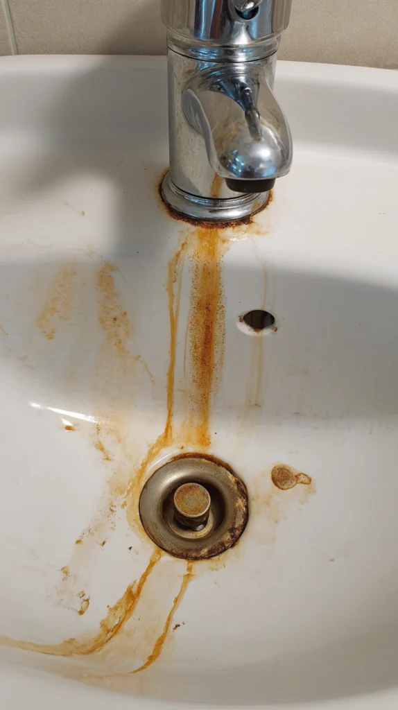 Clean Your Bathroom Sink FAST in Under 10 Minutes 6 zainy A close up of a white bathroom sink with thin orange an b63965cc b876 42c9 845c 7ee627558802 1